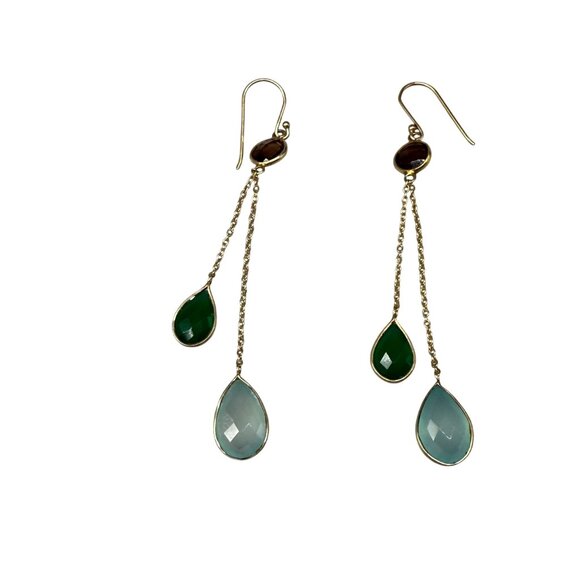 925 Sterling Silver Green & Brown Crystal Stones Linear Teardrop Hook Earrings - Picture 1 of 5